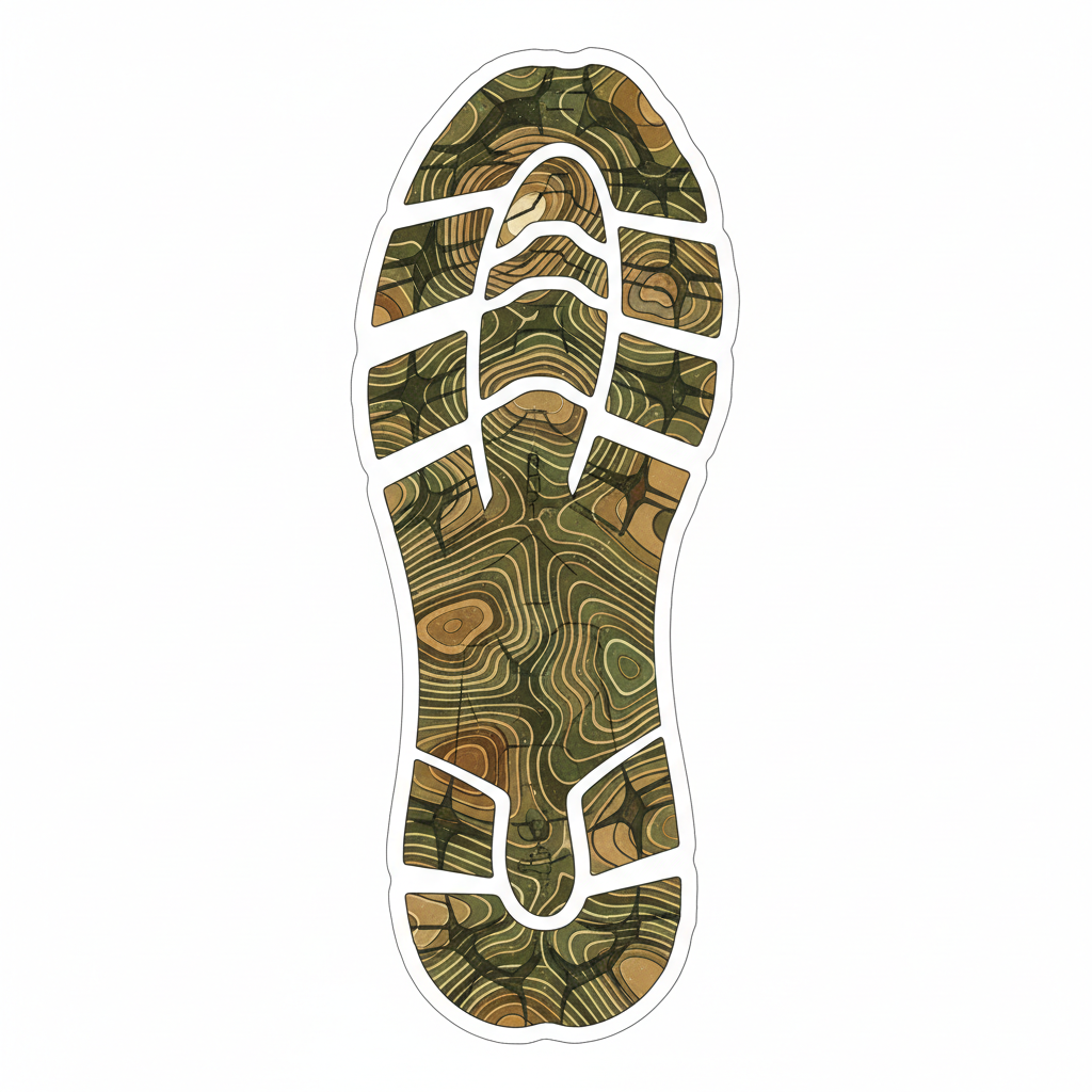 Trail running shoe footprint silhouette filled with topographic contour lines in earthy olive and tan tones