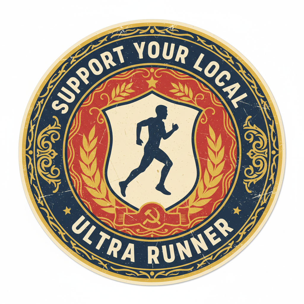 Support Your Local Ultra Runner vintage union worker badge sticker with runner silhouette and laurel branches