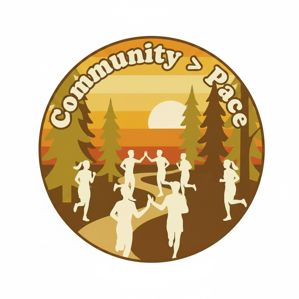 Community greater than Pace circular sticker with diverse body type runners in a forest trail at sunset, white background