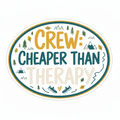 Crew Cheaper Than Therapy hand-lettered brush script sticker with pine trees, mountains and trail running accents