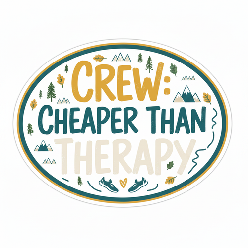 Crew Cheaper Than Therapy hand-lettered brush script sticker with pine trees, mountains and trail running accents
