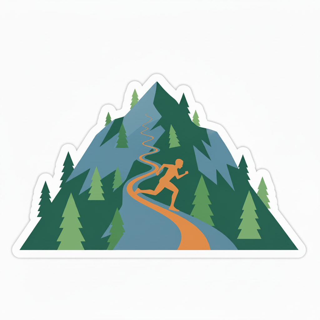 Mountain-shaped die-cut sticker with trail runner sprinting downhill through pine trees
