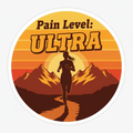 Pain Level Ultra sticker with female runner silhouette, retro sunset and mountain trail background
