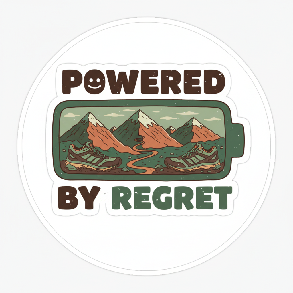 Depleted battery sticker with trail running elements and Powered by Regret text