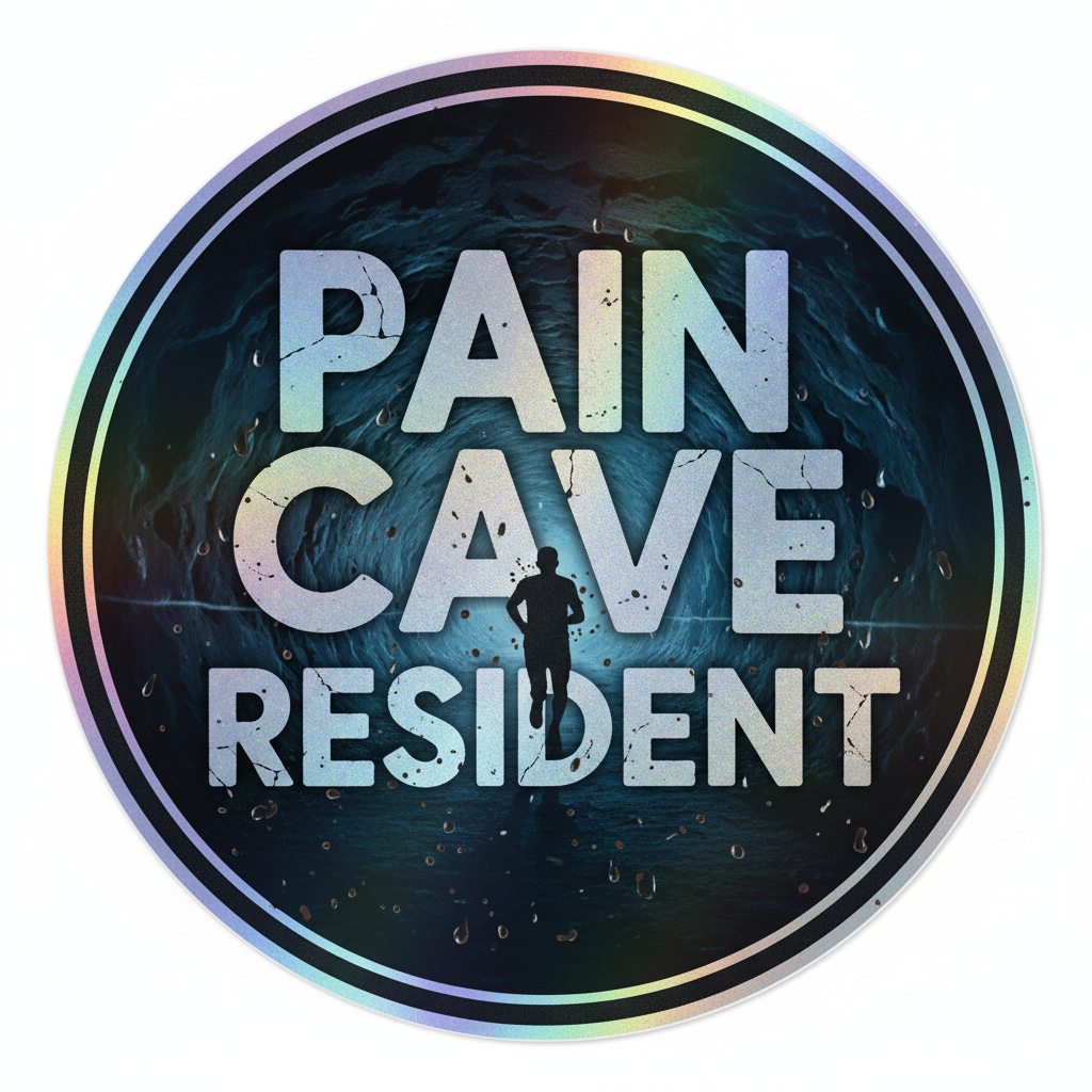 Pain Cave Resident holographic sticker design with runner silhouette and cave background