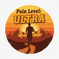 Pain Level Ultra sticker with male runner silhouette, retro sunset and mountain trail, no drops