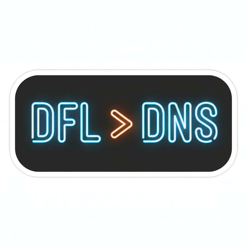 DFL greater than DNS neon sign style sticker on dark background