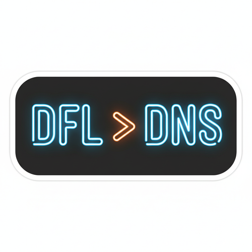 DFL greater than DNS neon sign style sticker on dark background