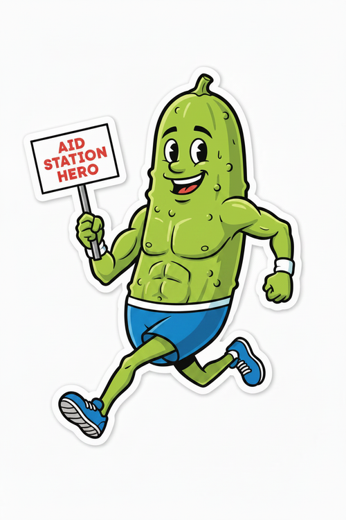 Aid Station Hero pickle runner sticker holding a sign, wearing running shorts