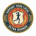 Support Your Local Ultra Runner vintage union badge sticker with female runner silhouette and laurel branches