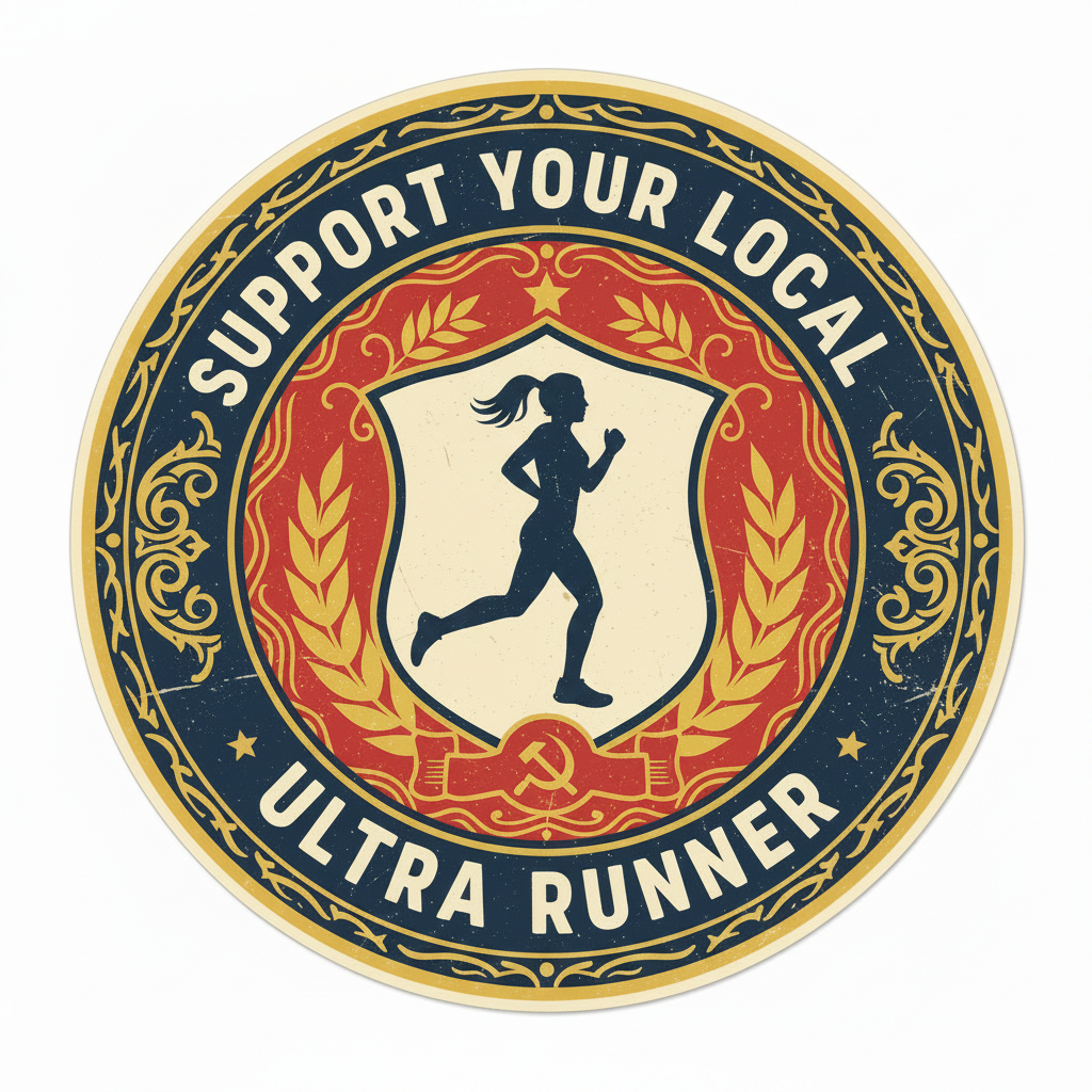 Support Your Local Ultra Runner vintage union badge sticker with female runner silhouette and laurel branches