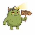 Friendly cartoonish monster wearing a headlamp and holding a wooden trail sign, die-cut sticker