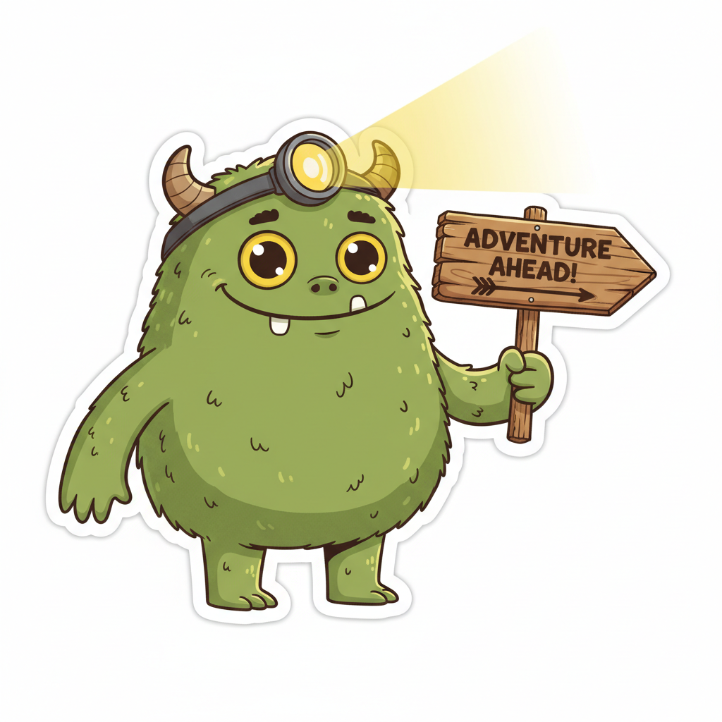 Friendly cartoonish monster wearing a headlamp and holding a wooden trail sign, die-cut sticker