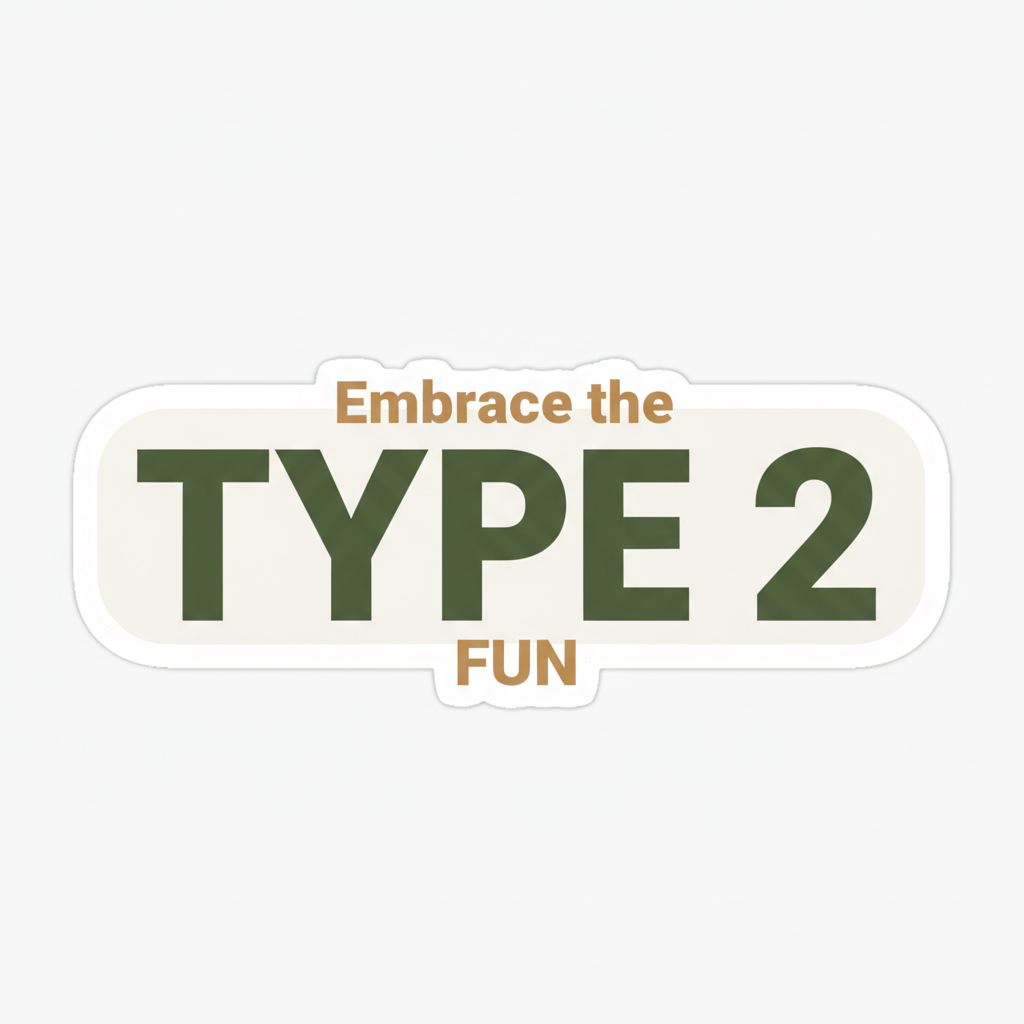 Embrace the Type 2 Fun typography sticker with large TYPE 2 text in olive and tan tones